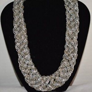 Vintage Shimmer Shine Silver Braided Beads Chunky Statemet Bib Necklace